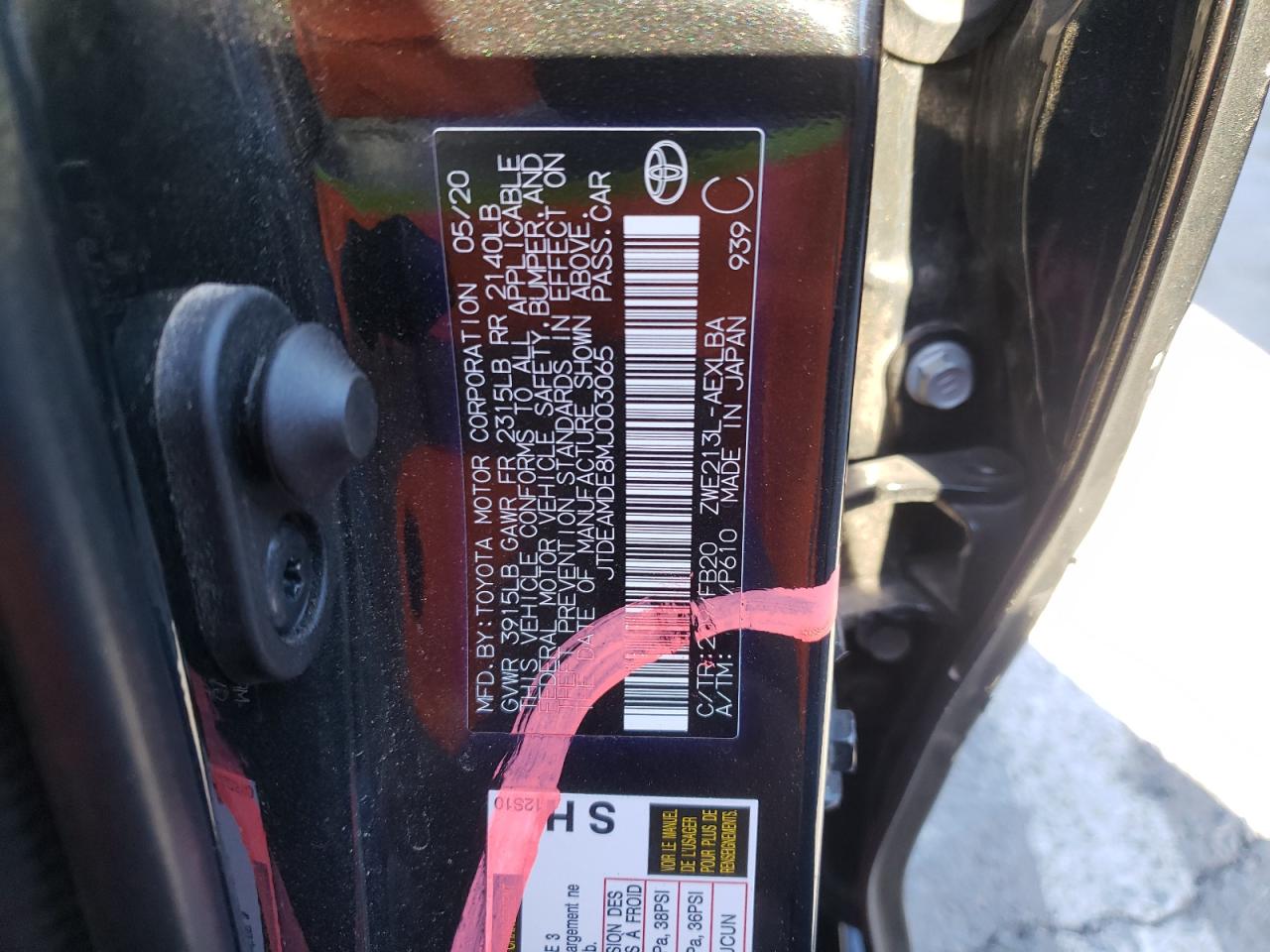 Photo 10 from auction – 2021 TOYOTA COROLLA LE with VIN JTDEAMDE8MJ003065