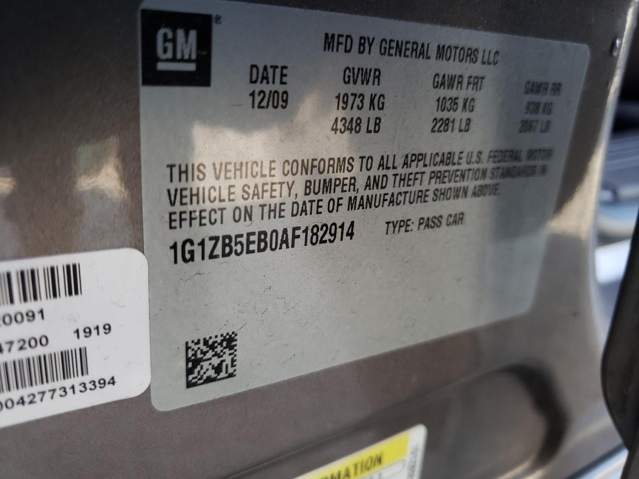 Photo 10 from auction – 2010 CHEVROLET MALIBU LS with VIN 1G1ZB5EB0AF182914