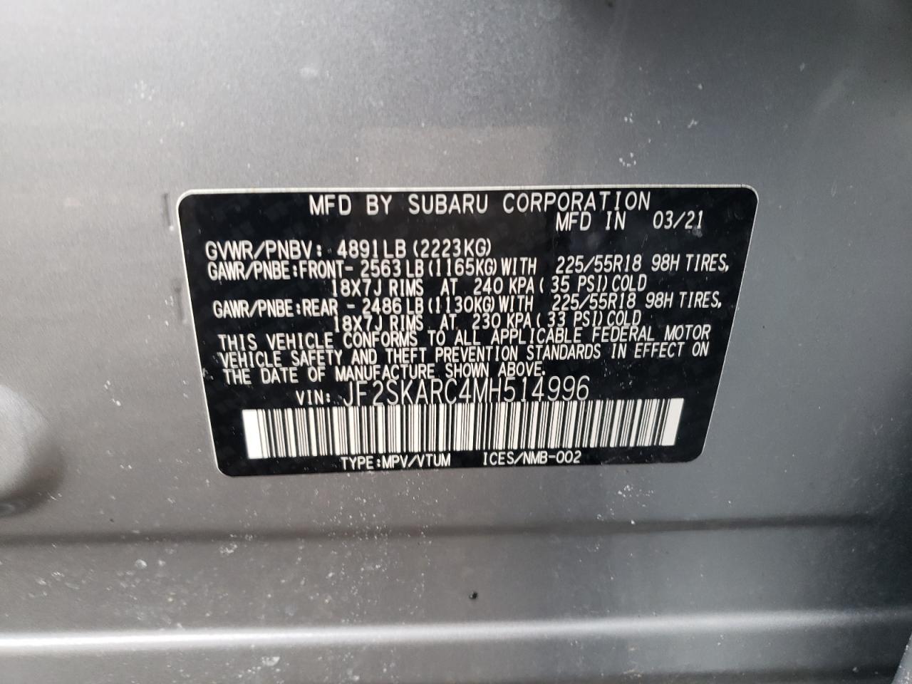 Photo 10 from auction – 2021 SUBARU FORESTER S with VIN JF2SKARC4MH514996