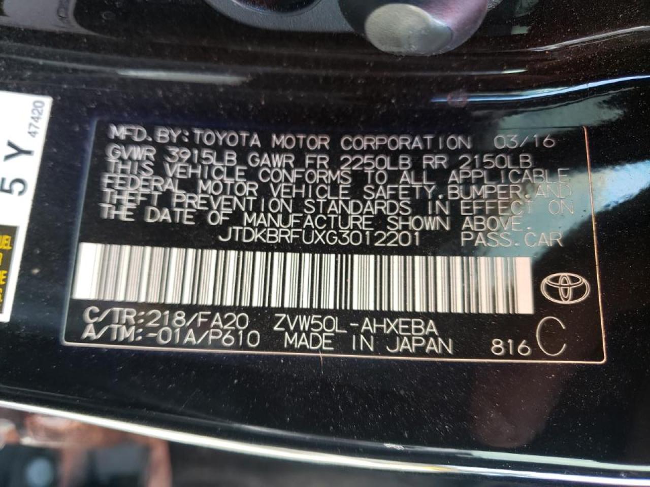 Photo 10 from auction – 2016 TOYOTA PRIUS with VIN JTDKBRFUXG3012201