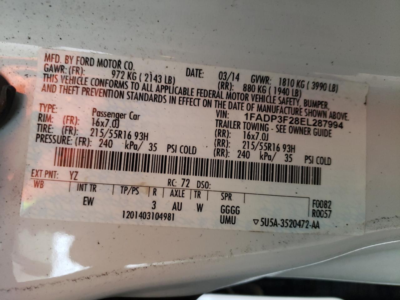 Photo 10 from auction – 2014 FORD FOCUS SE with VIN 1FADP3F28EL287994