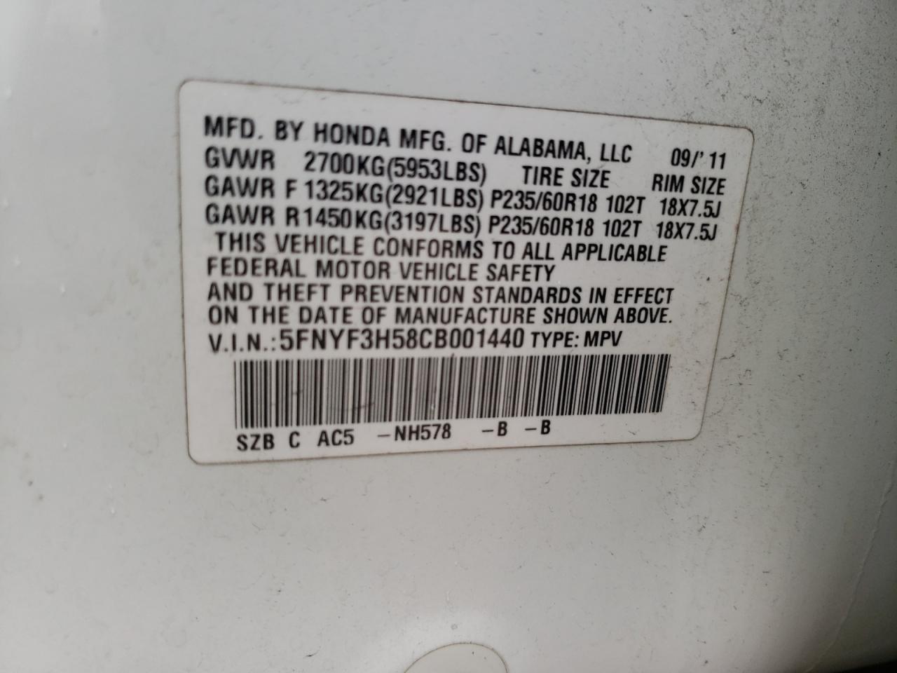 Photo 10 from auction – 2012 HONDA PILOT EXL with VIN 5FNYF3H58CB001440