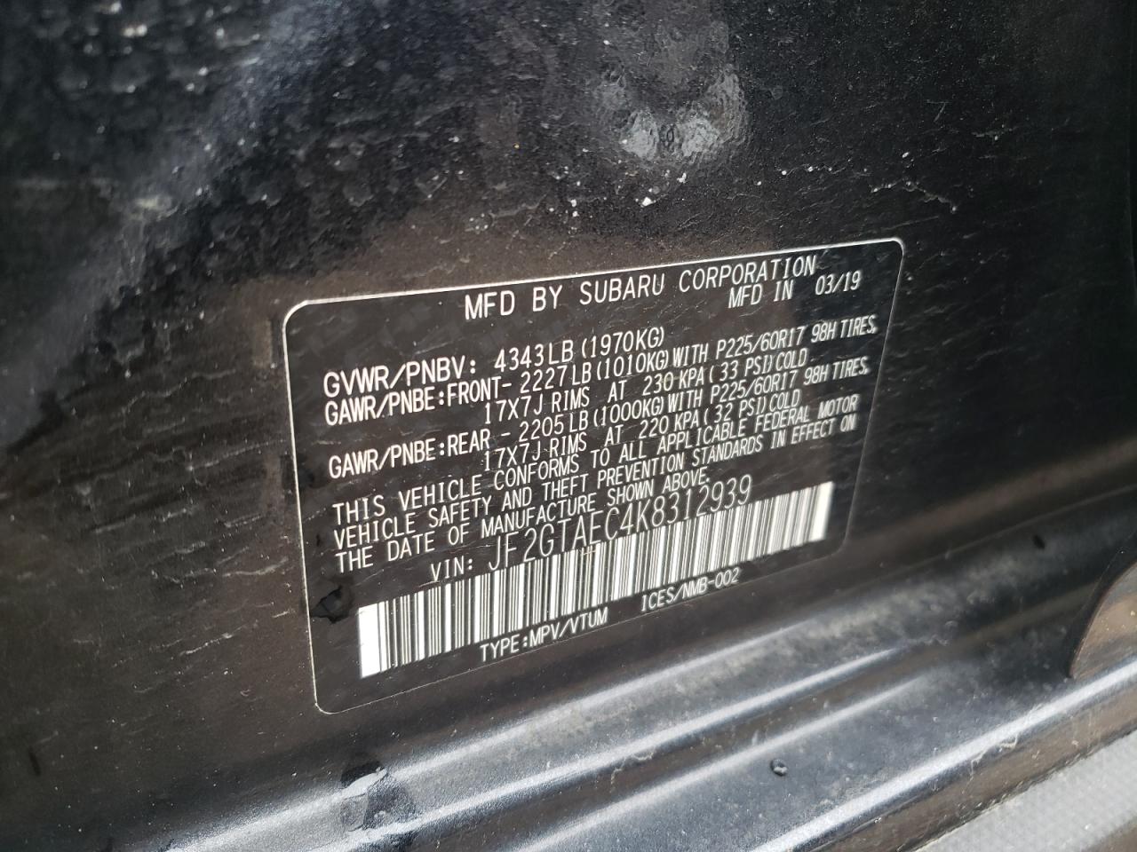 Photo 10 from auction – 2019 SUBARU CROSSTREK with VIN JF2GTAEC4K8312939