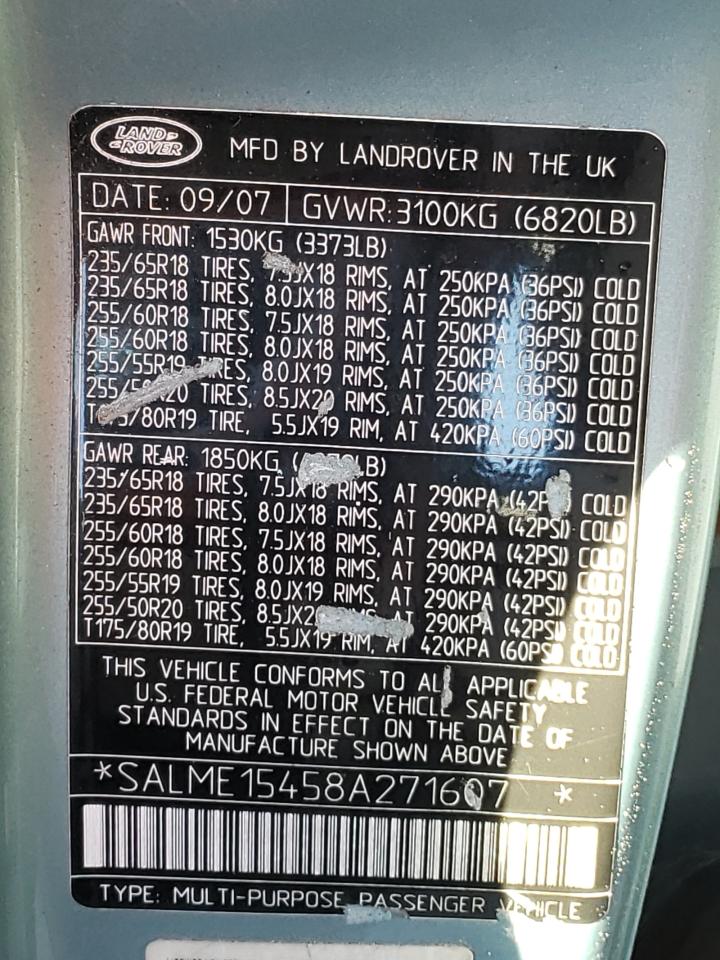 Photo 10 from auction – 2008 LAND ROVER RANGE ROVE with VIN SALME15458A271607