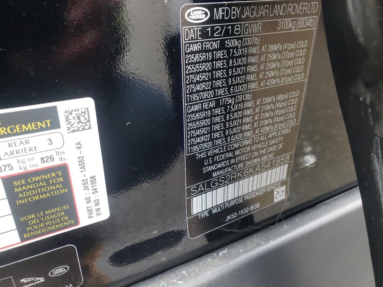 Photo 10 from auction – 2019 LAND ROVER RANGE ROVE with VIN SALGS2RK6KA541858