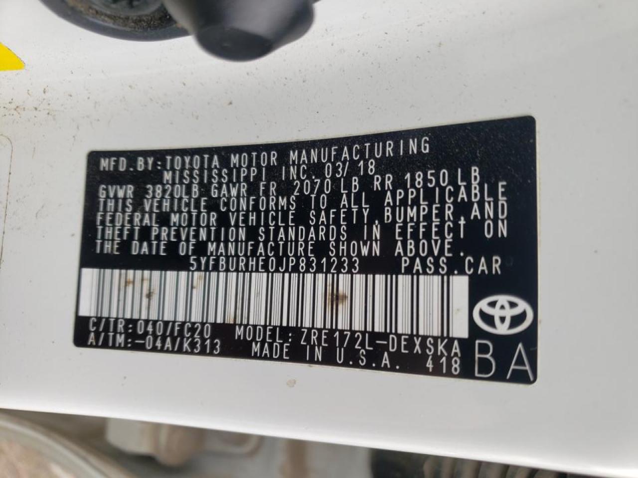 Photo 10 from auction – 2018 TOYOTA COROLLA L with VIN 5YFBURHE0JP831233