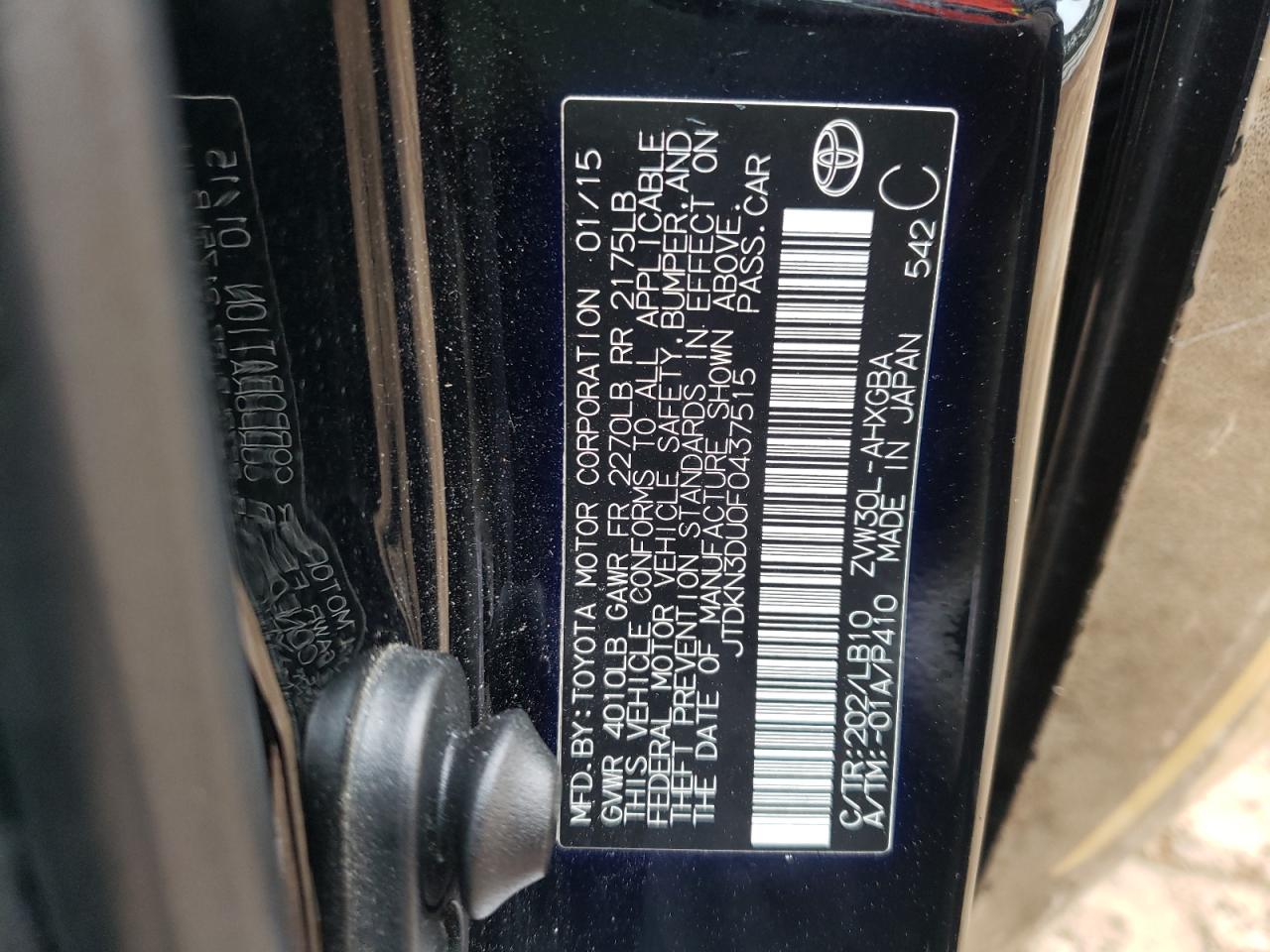 Photo 10 from auction – 2015 TOYOTA PRIUS with VIN JTDKN3DU0F0437515