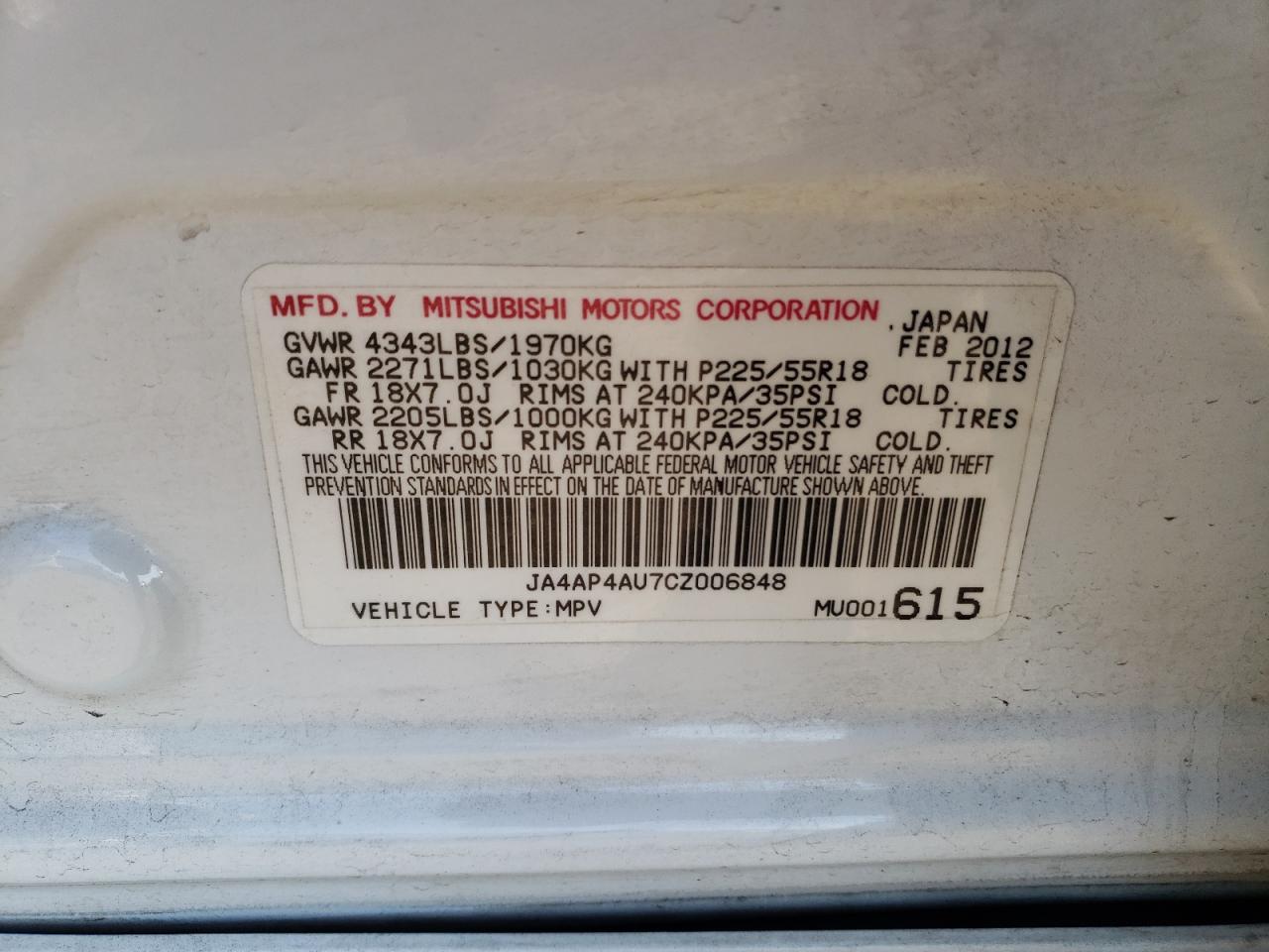Photo 10 from auction – 2012 MITSUBISHI OUTLANDER with VIN JA4AP4AU7CZ006848