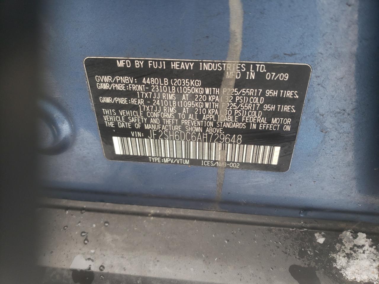Photo 10 from auction – 2010 SUBARU FORESTER 2 with VIN JF2SH6DC6AH729648
