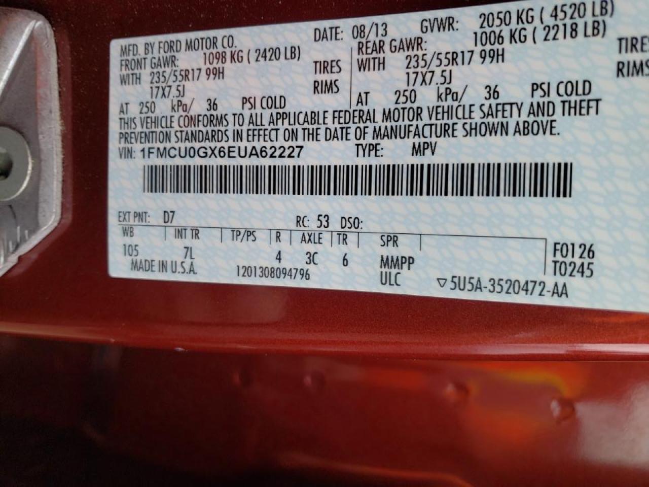 Photo 10 from auction – 2014 FORD ESCAPE SE with VIN 1FMCU0GX6EUA62227