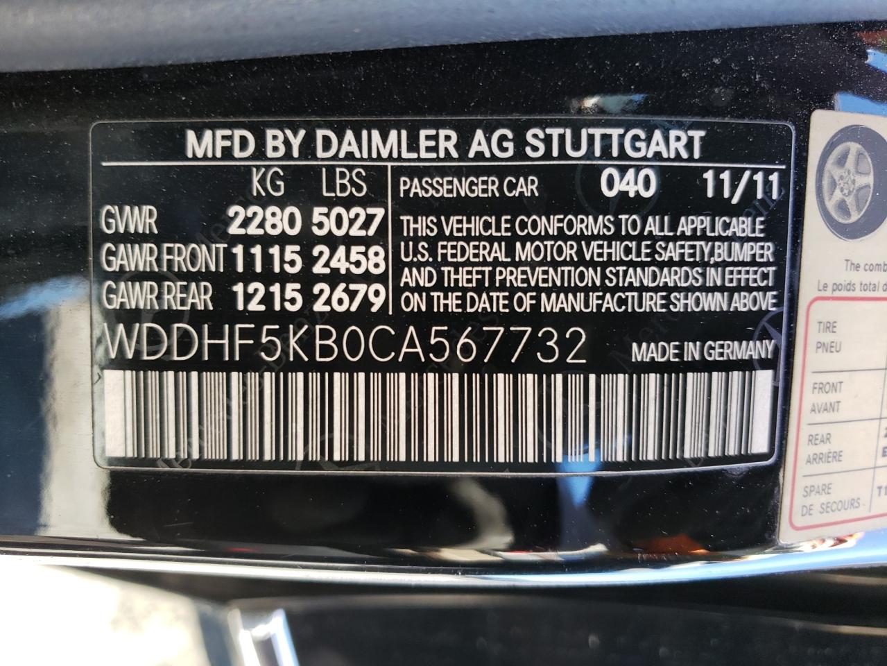 Photo 10 from auction – 2012 MERCEDES-BENZ E 350 with VIN WDDHF5KB0CA567732