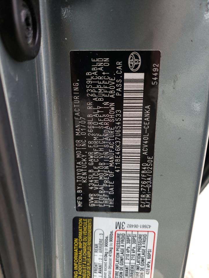Photo 10 from auction – 2007 TOYOTA CAMRY CE with VIN 4T1BE46K37U654533