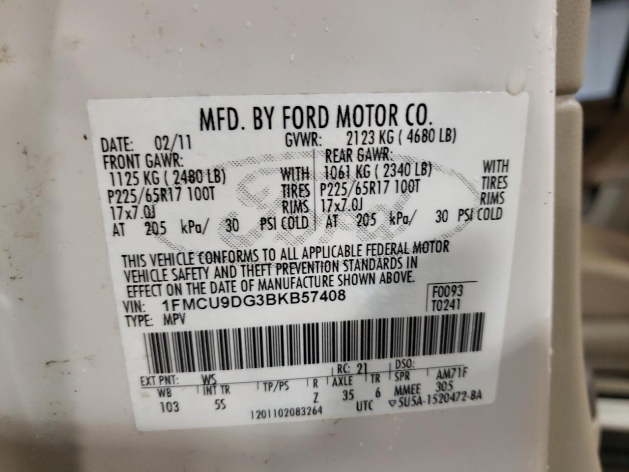 Photo 10 from auction – 2011 FORD ESCAPE XLT with VIN 1FMCU9DG3BKB57408