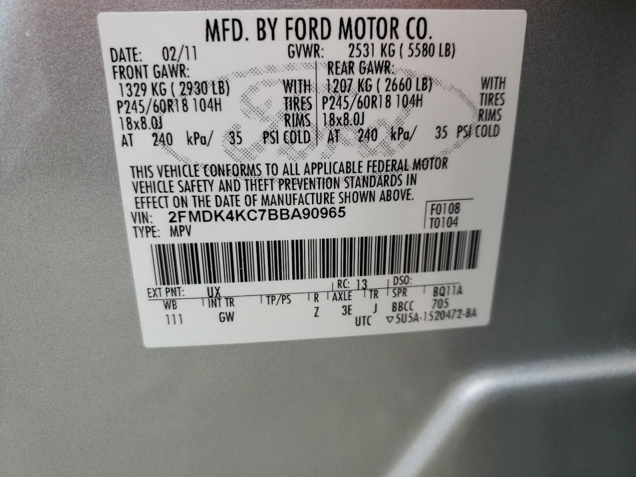 Photo 10 from auction – 2011 FORD EDGE LIMIT with VIN 2FMDK4KC7BBA90965