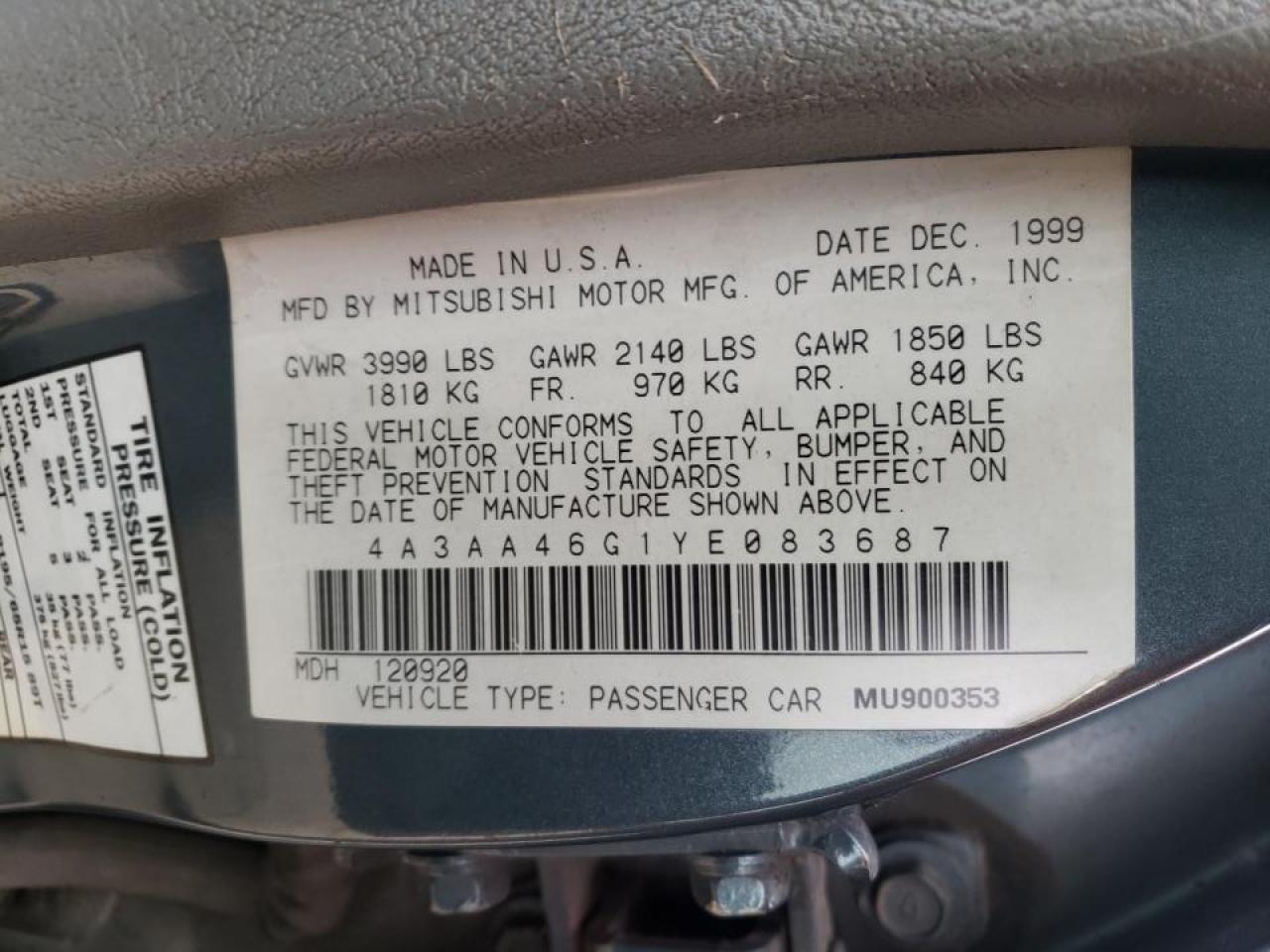 Photo 10 from auction – 2000 MITSUBISHI GALANT ES with VIN 4A3AA46G1YE083687