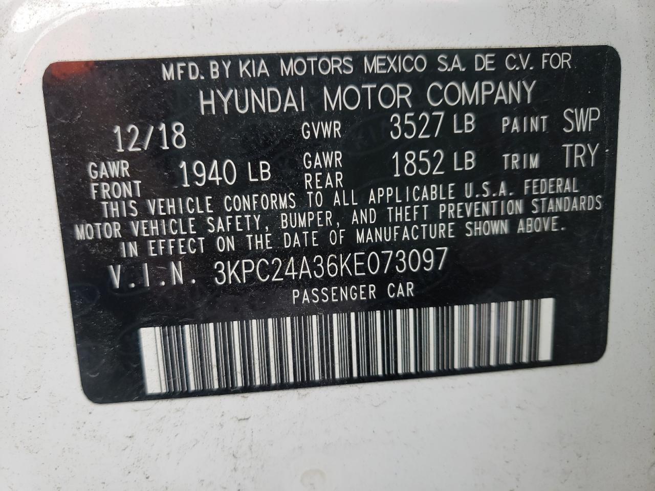 Photo 10 from auction – 2019 HYUNDAI ACCENT SE with VIN 3KPC24A36KE073097