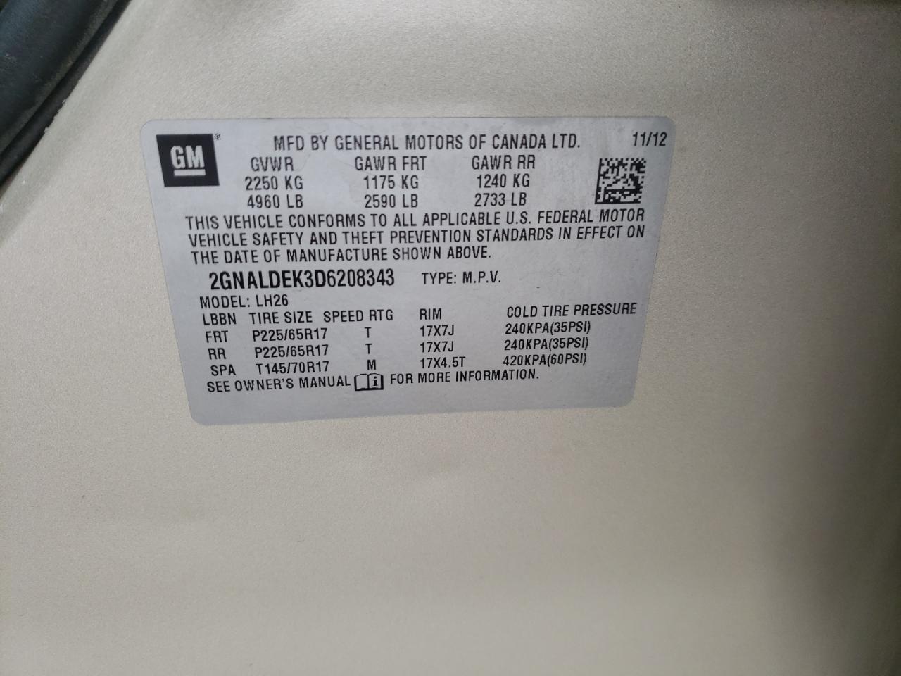 Photo 10 from auction – 2013 CHEVROLET EQUINOX LT with VIN 2GNALDEK3D6208343