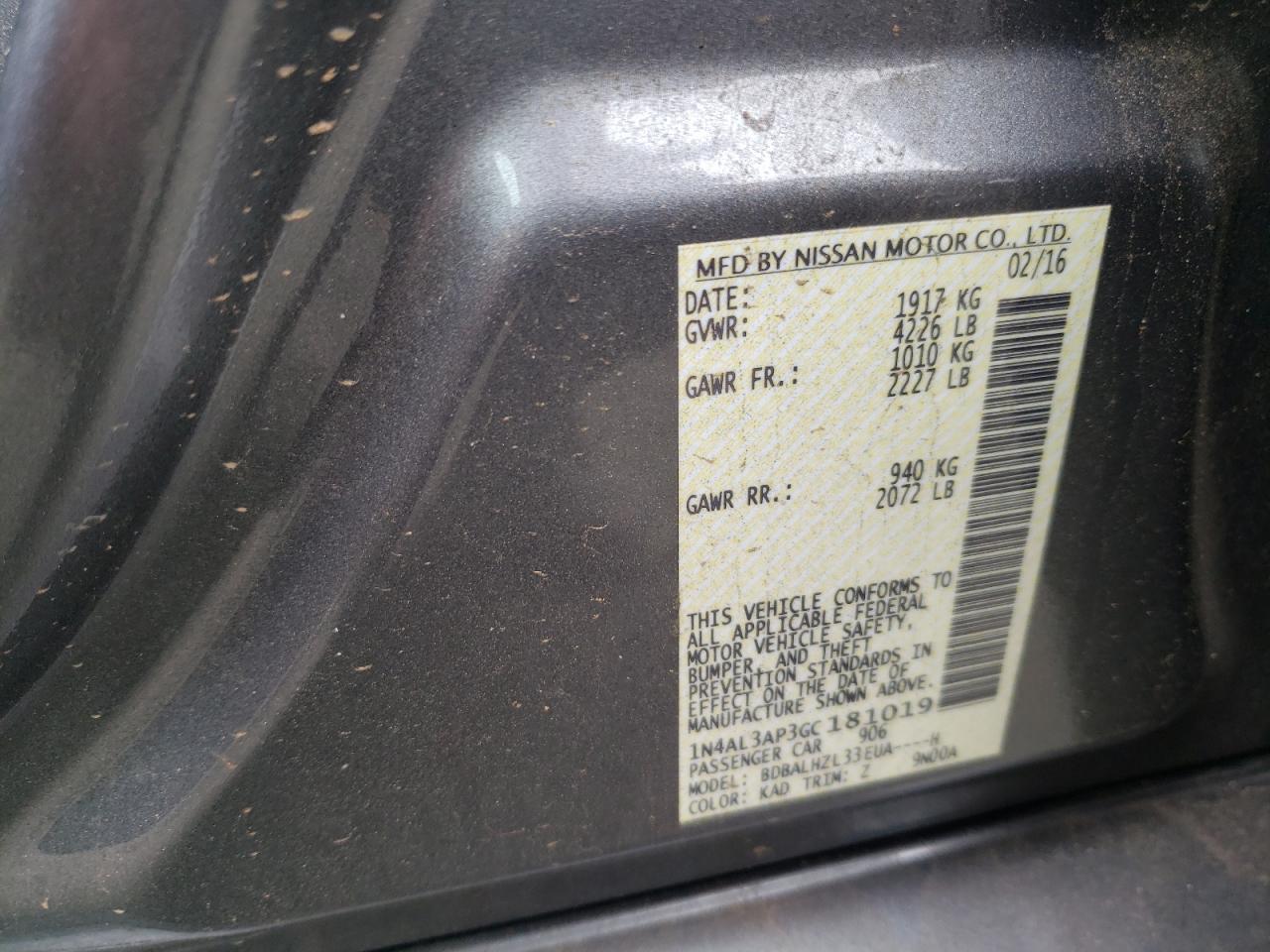 Photo 10 from auction – 2016 NISSAN ALTIMA 2.5 with VIN 1N4AL3AP3GC181019