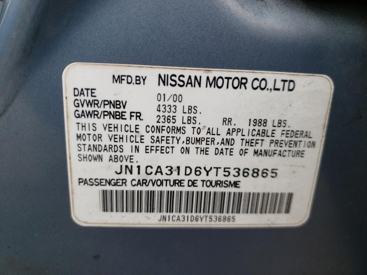 Photo 10 from auction – 2000 NISSAN MAXIMA with VIN JN1CA31D6YT536865