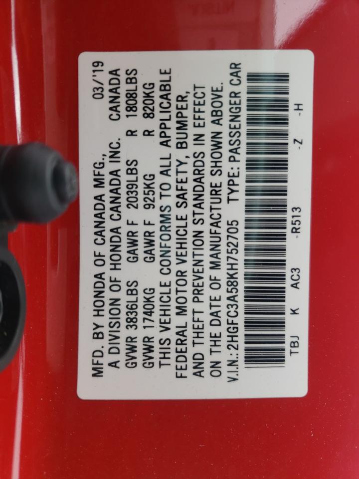 Photo 10 from auction – 2019 HONDA CIVIC SI with VIN 2HGFC3A58KH752705