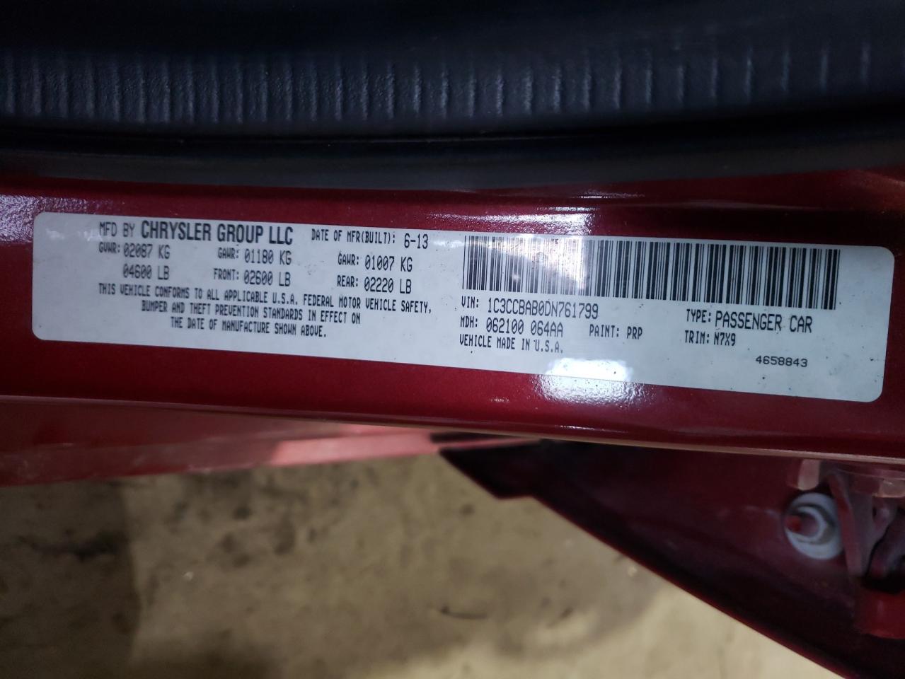 Photo 10 from auction – 2013 CHRYSLER 200 LX with VIN 1C3CCBAB0DN761799