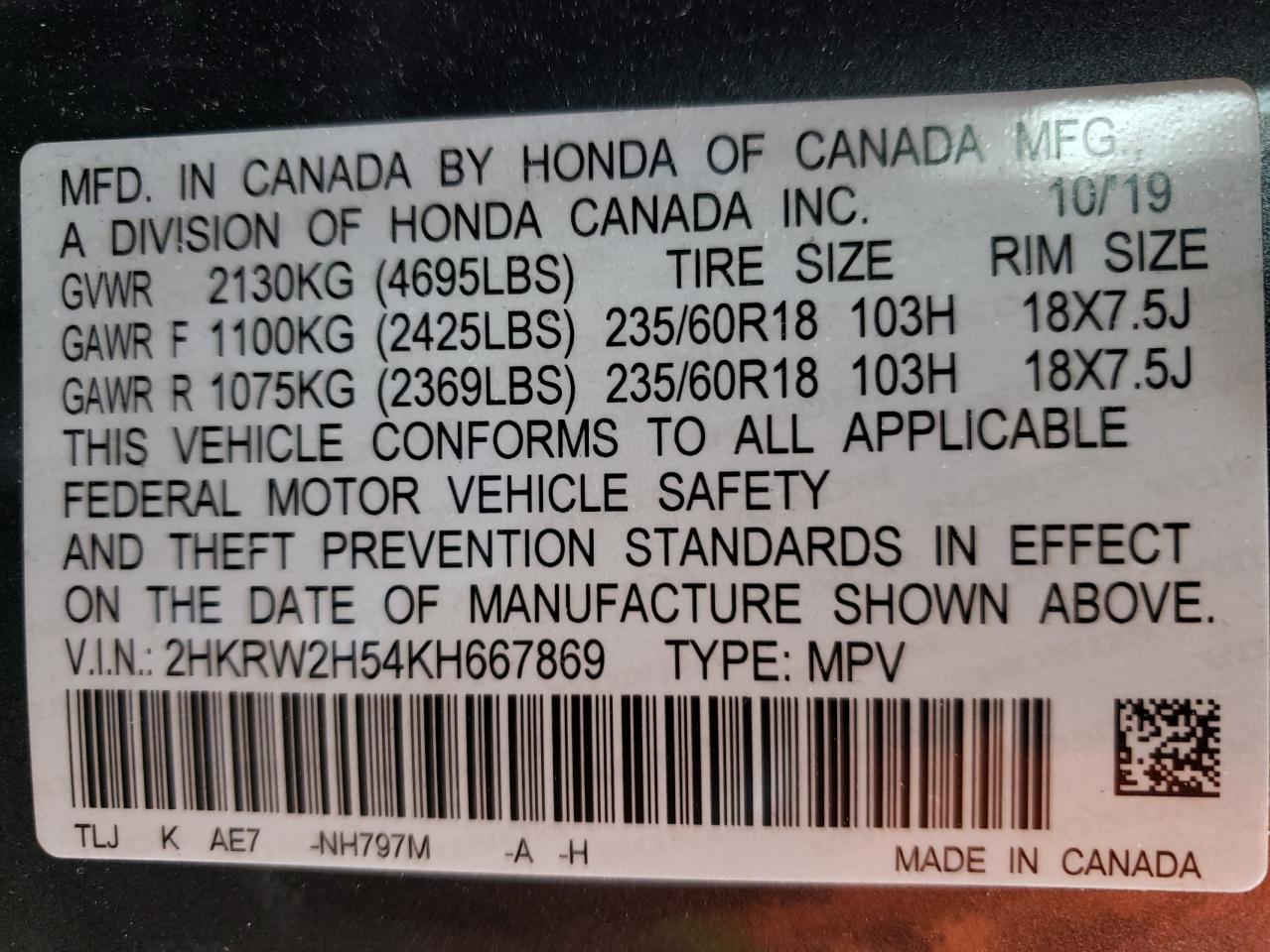 Photo 10 from auction – 2019 HONDA CR-V EX with VIN 2HKRW2H54KH667869