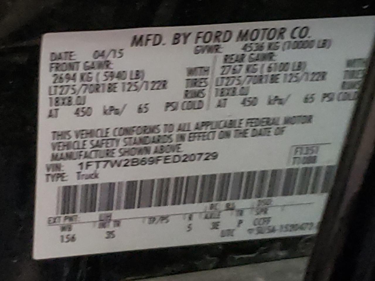 Photo 10 from auction – 2015 FORD F250 SUPER with VIN 1FT7W2B69FED20729
