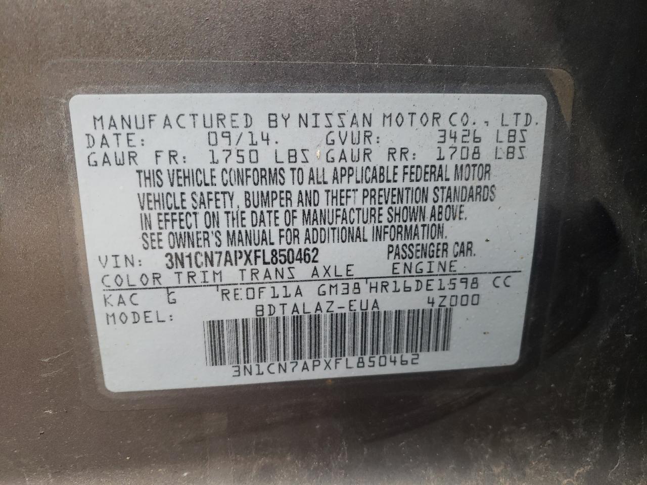 Photo 10 from auction – 2015 NISSAN VERSA S with VIN 3N1CN7APXFL850462