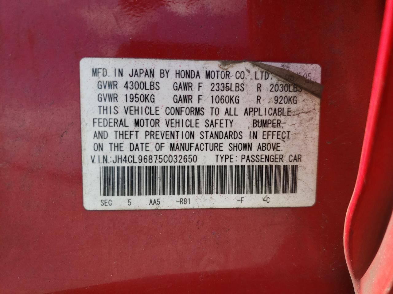 Photo 10 from auction – 2005 ACURA TSX with VIN JH4CL96875C032650