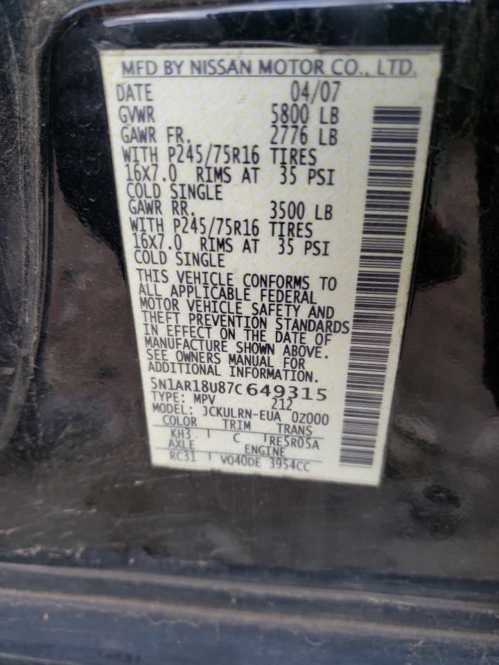 Photo 10 from auction – 2007 NISSAN PATHFINDER with VIN 5N1AR18U87C649315