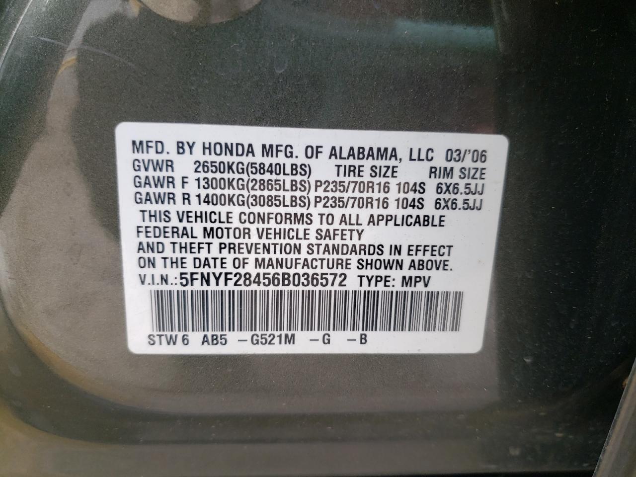 Photo 10 from auction – 2006 HONDA PILOT EX with VIN 5FNYF28456B036572