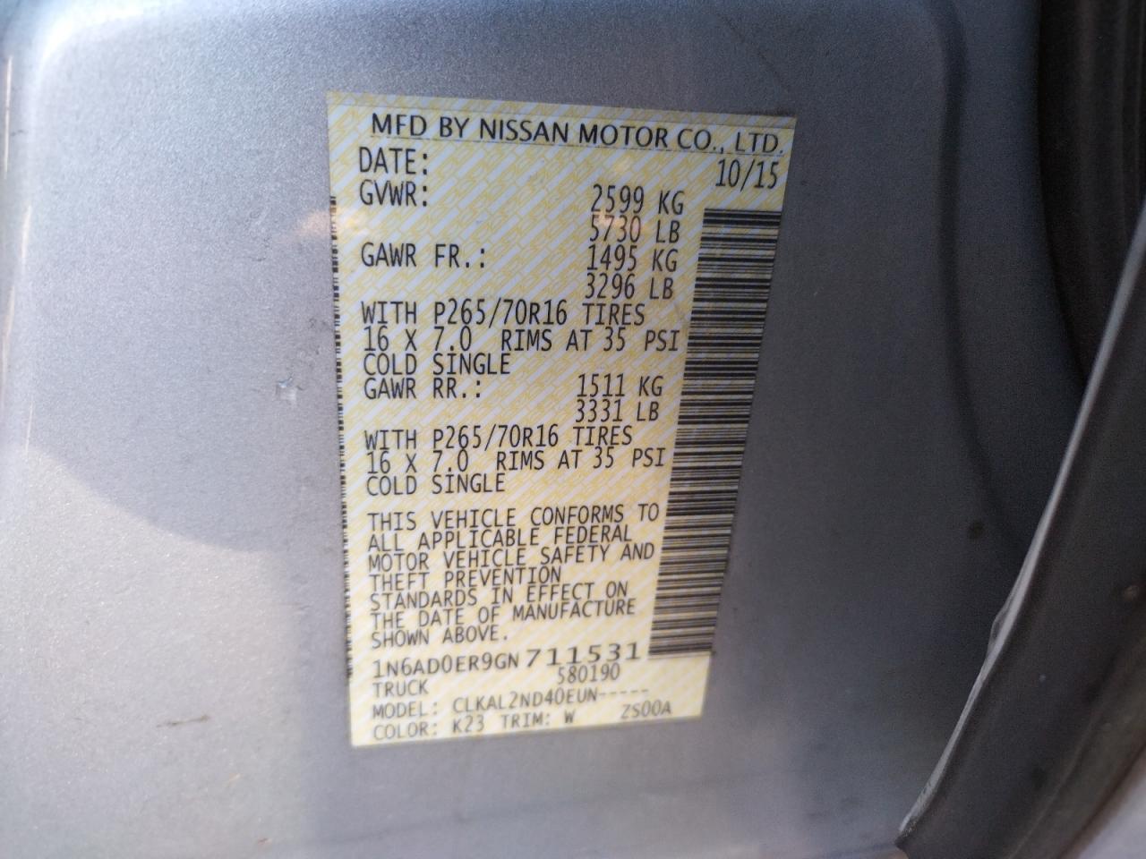 Photo 10 from auction – 2016 NISSAN FRONTIER S with VIN 1N6AD0ER9GN711531