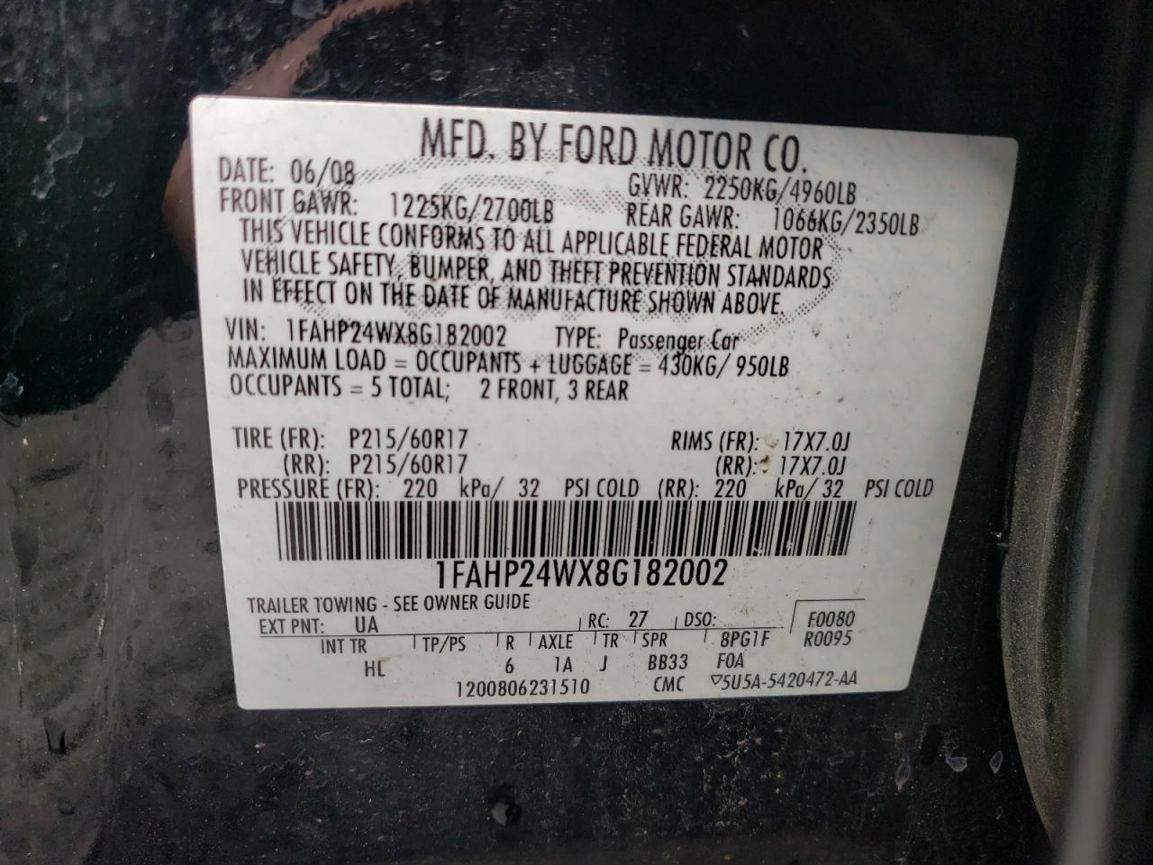 Photo 10 from auction – 2008 FORD TAURUS with VIN 1FAHP24WX8G182002