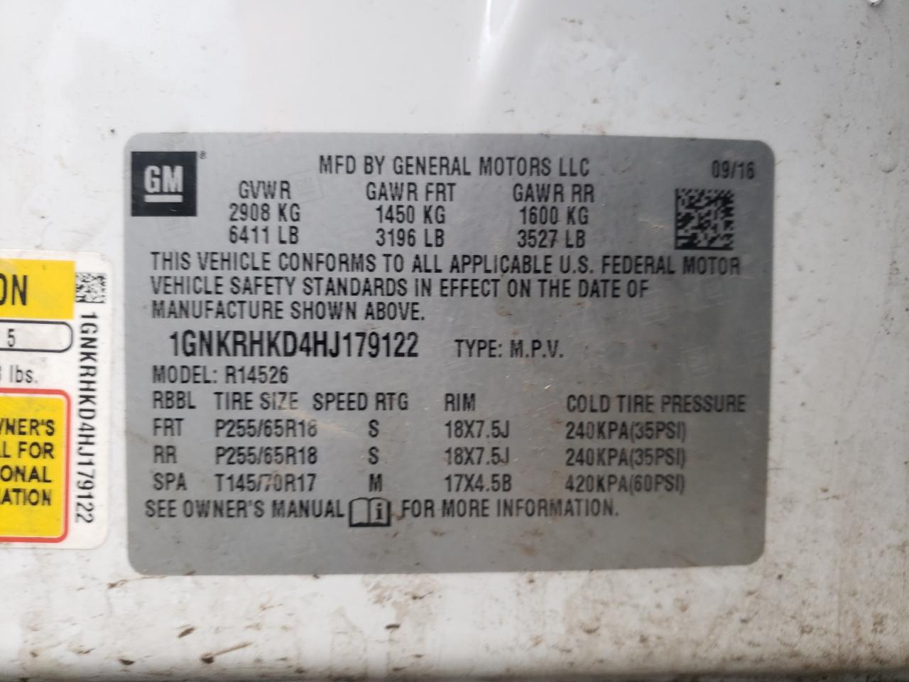 Photo 10 from auction – 2017 CHEVROLET TRAVERSE L with VIN 1GNKRHKD4HJ179122