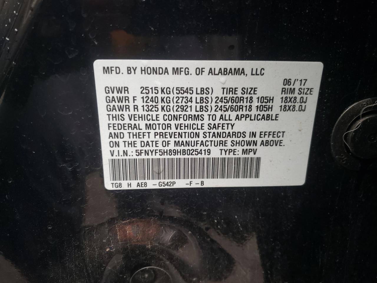 Photo 10 from auction – 2017 HONDA PILOT EXL with VIN 5FNYF5H89HB025419