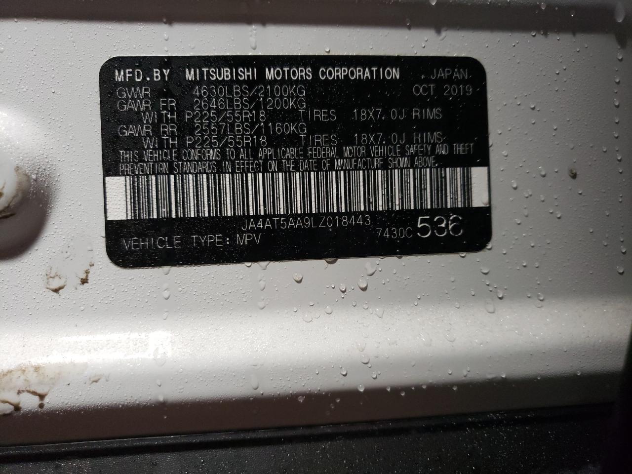 Photo 10 from auction – 2020 MITSUBISHI ECLIPSE CR with VIN JA4AT5AA9LZ018443