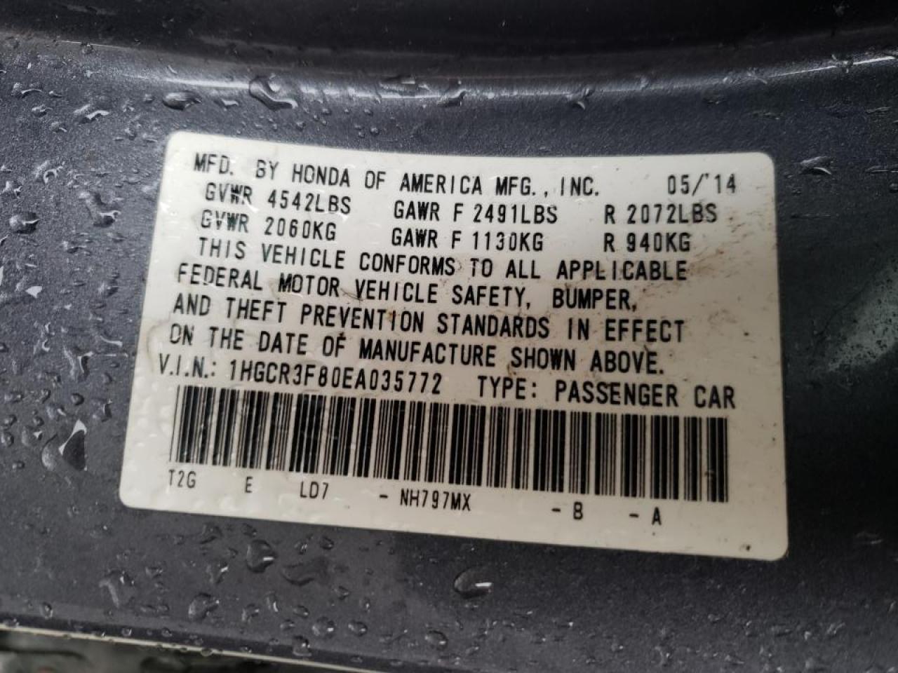 Photo 10 from auction – 2014 HONDA ACCORD EXL with VIN 1HGCR3F80EA035772