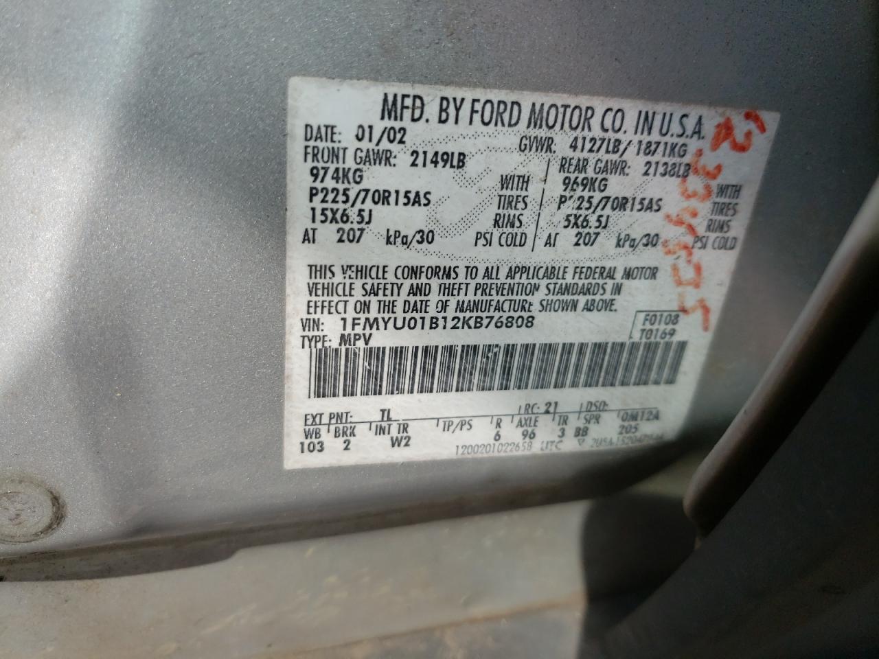 Photo 10 from auction – 2002 FORD ESCAPE with VIN 1FMYU01B12KB76808