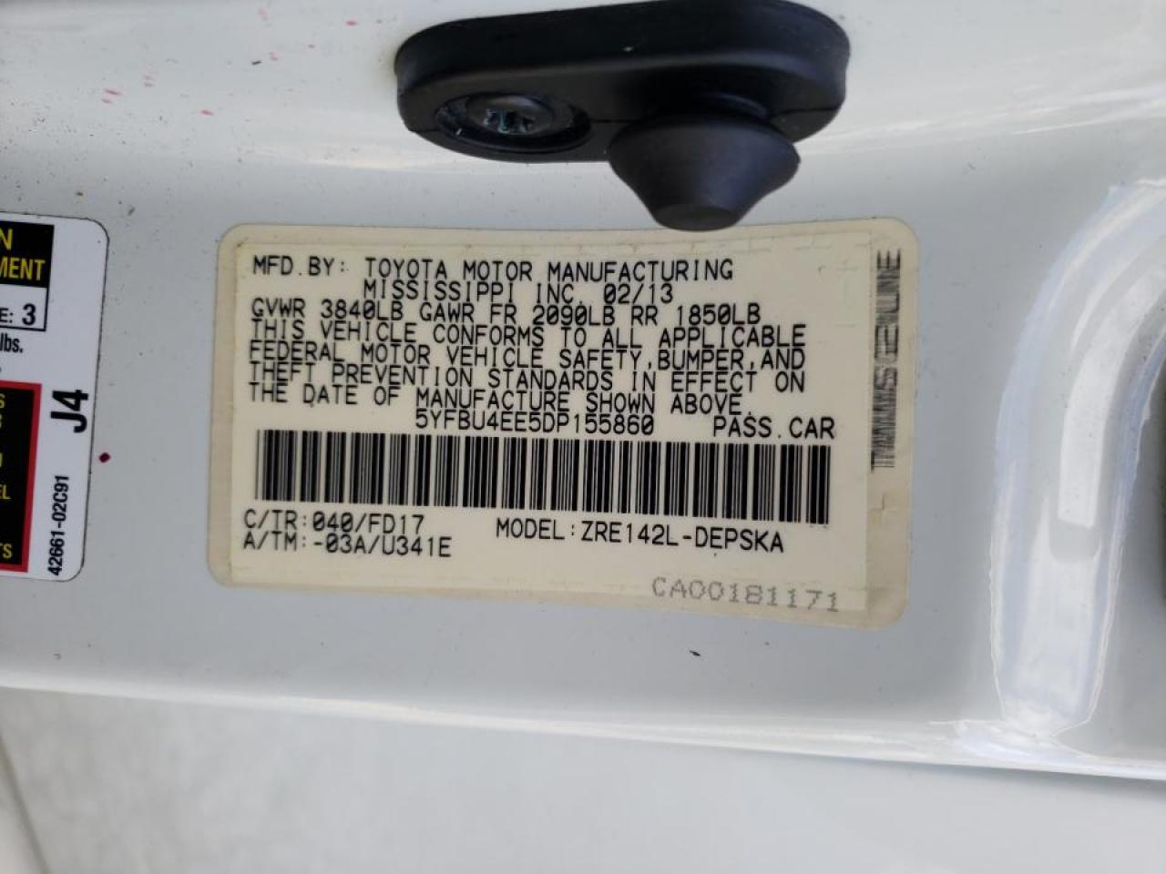 Photo 10 from auction – 2013 TOYOTA COROLLA BA with VIN 5YFBU4EE5DP155860