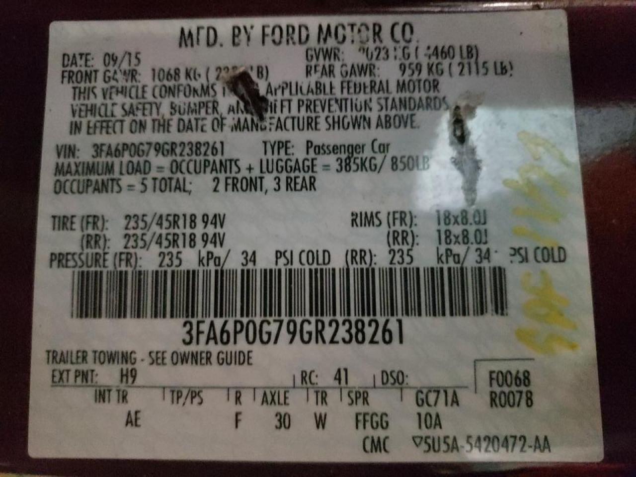 Photo 10 from auction – 2016 FORD FUSION S with VIN 3FA6P0G79GR238261