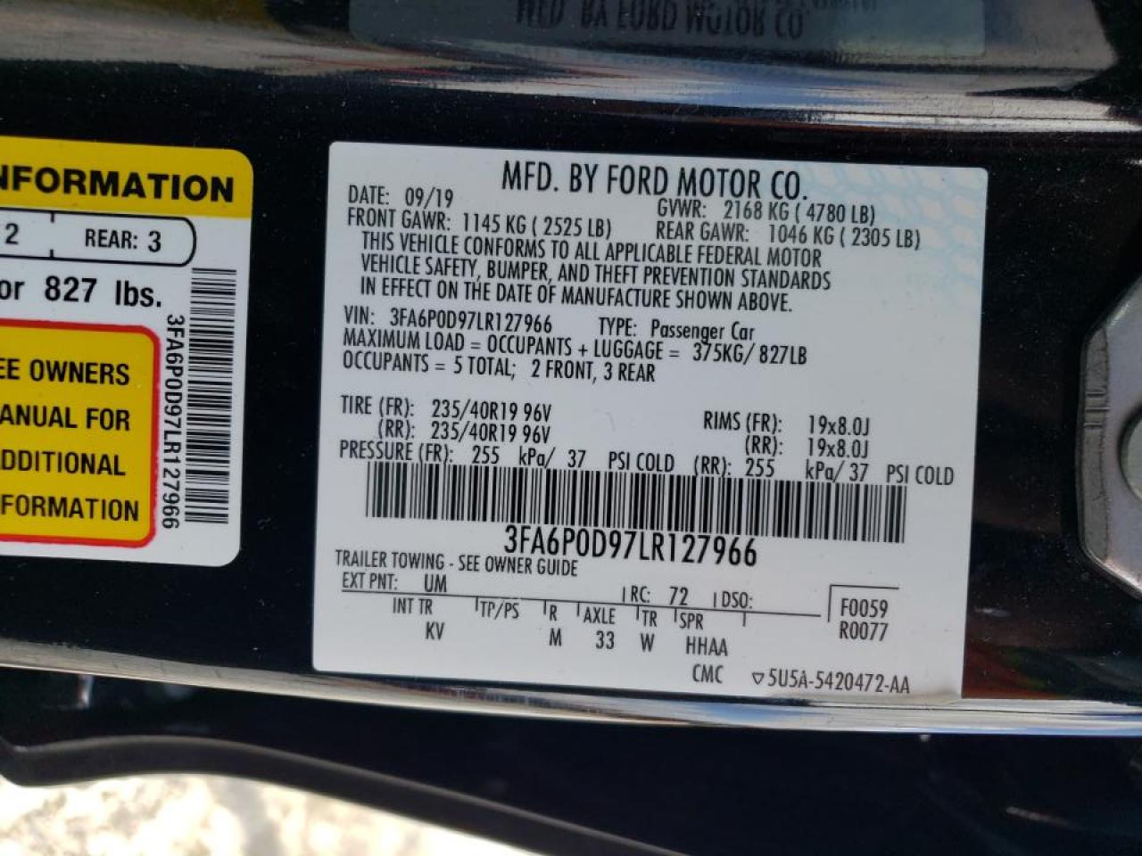 Photo 10 from auction – 2020 FORD FUSION TIT with VIN 3FA6P0D97LR127966