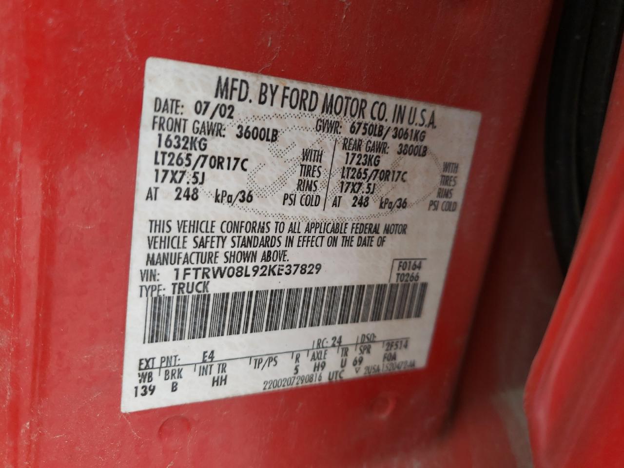 Photo 10 from auction – 2002 FORD F150 SUPER with VIN 1FTRW08L92KE37829