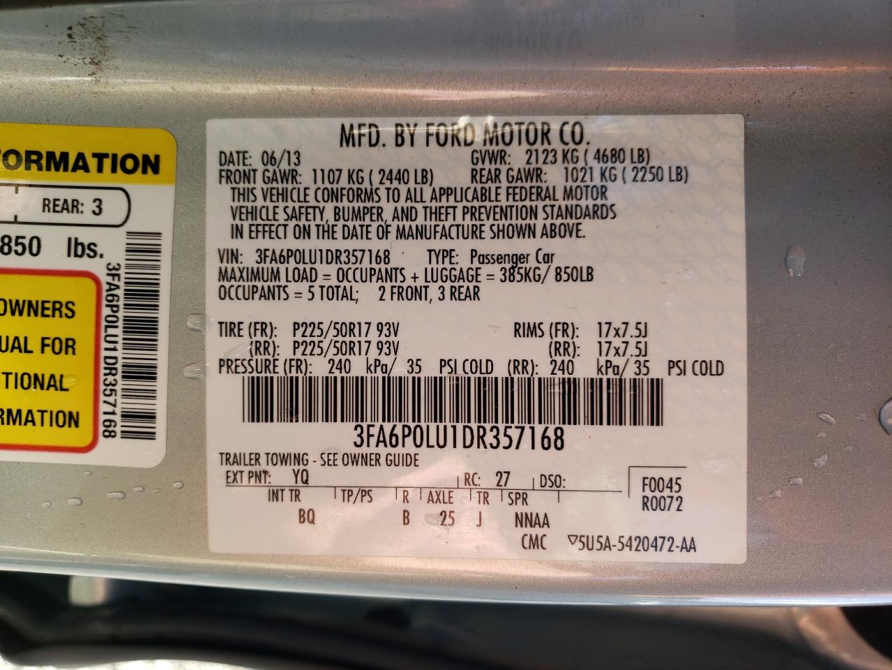 Photo 10 from auction – 2013 FORD FUSION SE with VIN 3FA6P0LU1DR357168