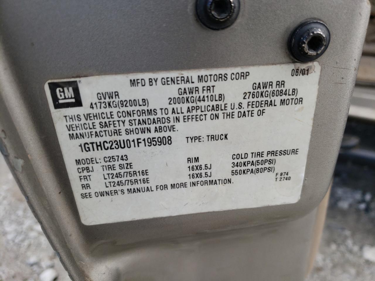 Photo 10 from auction – 2001 GMC SIERRA C25 with VIN 1GTHC23U01F195908