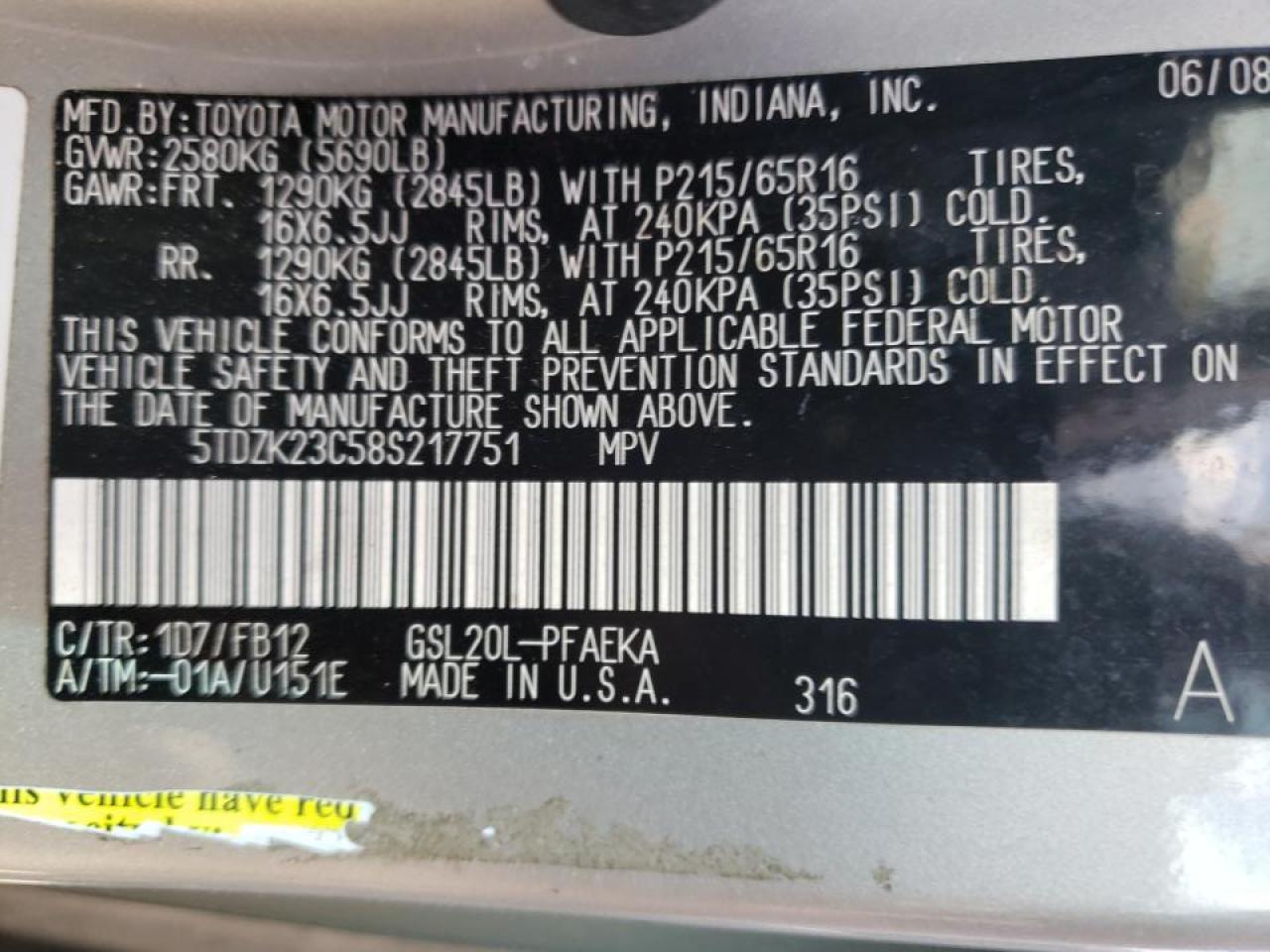 Photo 10 from auction – 2008 TOYOTA SIENNA CE with VIN 5TDZK23C58S217751
