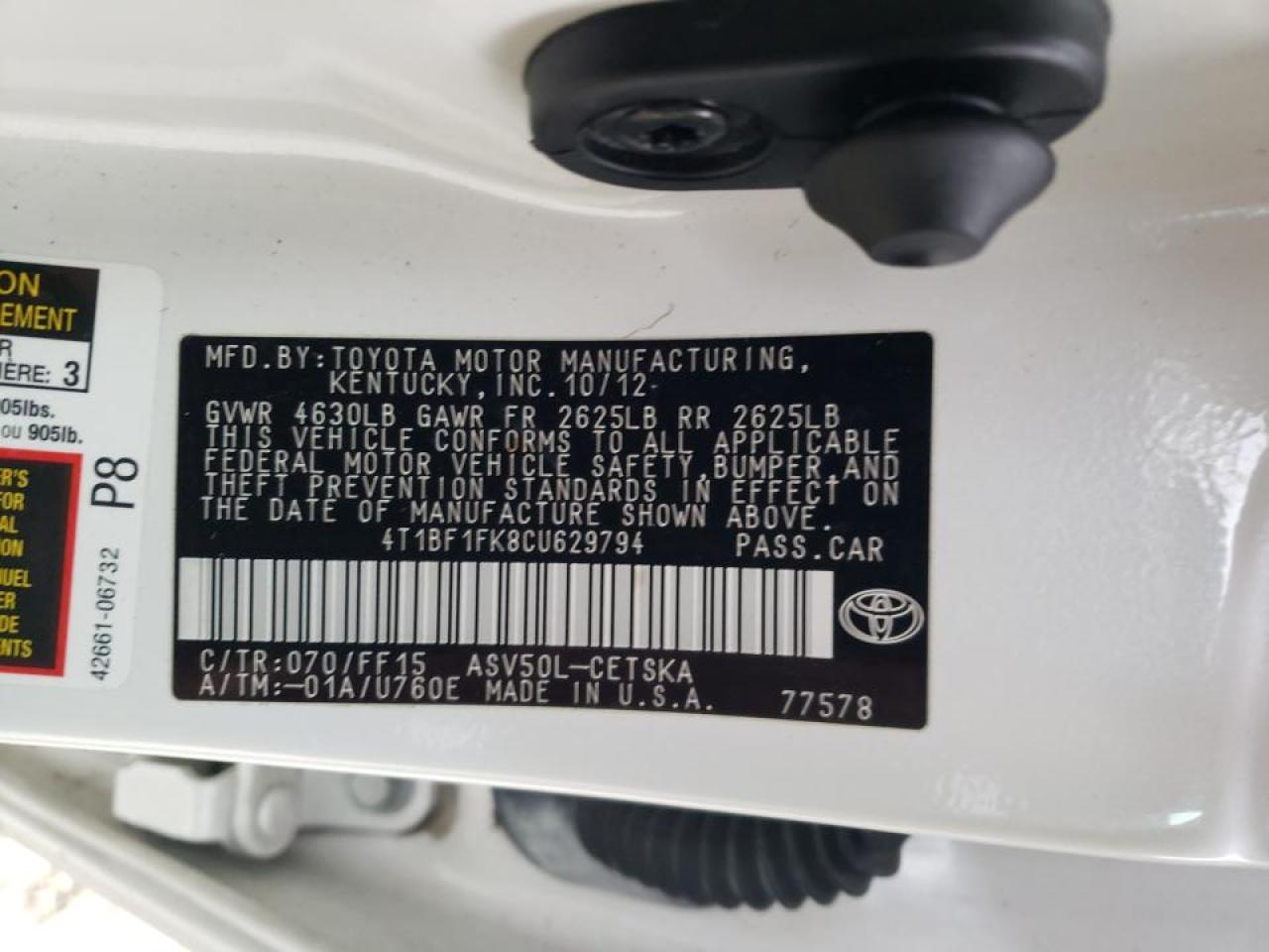Photo 10 from auction – 2012 TOYOTA CAMRY with VIN 4T1BF1FK8CU629794