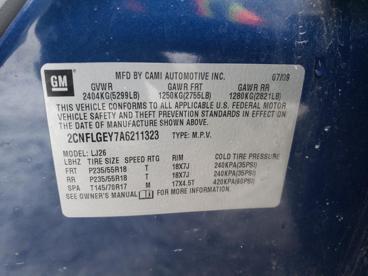 Photo 10 from auction – 2010 CHEVROLET EQUINOX LT with VIN 2CNFLGEY7A6211323