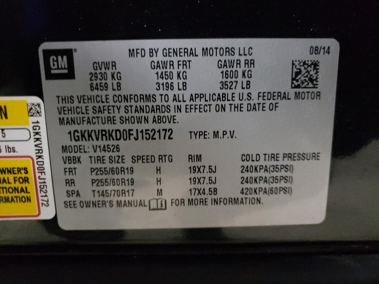 Photo 10 from auction – 2015 GMC ACADIA SLT with VIN 1GKKVRKD0FJ152172
