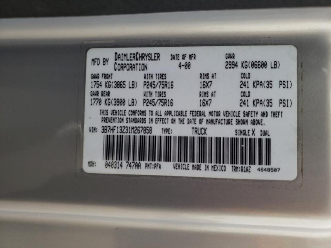 Photo 10 from auction – 2001 DODGE BR1500 with VIN 3B7HF13Z31M267858