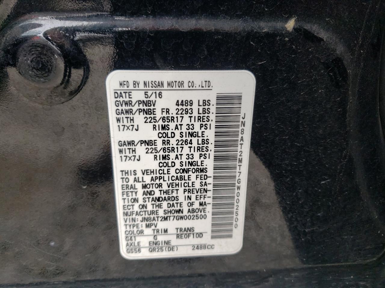Photo 10 from auction – 2016 NISSAN ROGUE S with VIN JN8AT2MT7GW002500